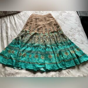Coldwater Creek Tan Green Sequin Linen Midi Skirt XS Fairycore Whimsical Nymph